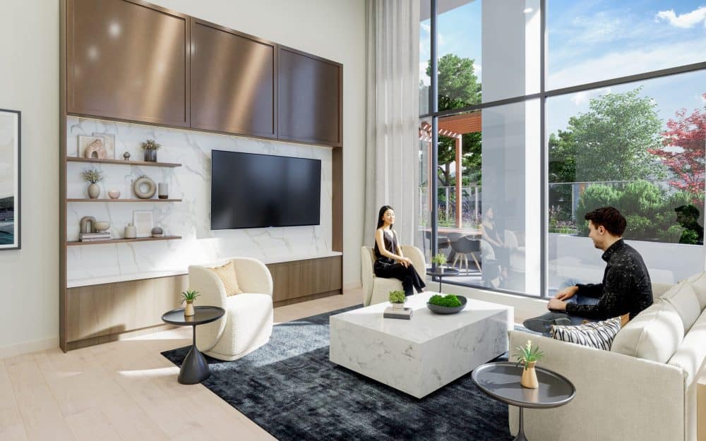 Amenity lounge rendering at Kadence Coquitlam
