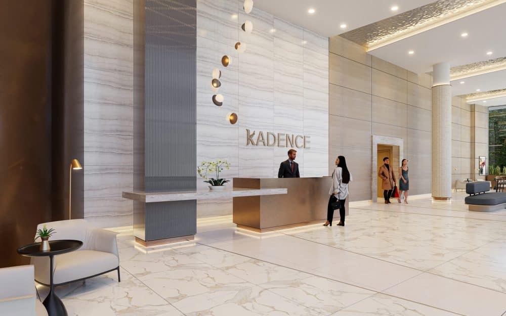Interior rendering of the Kadence Coquitlam residential lobby at 1175 Pipeline Road in Coquitlamโs New Horizons neighbourhood