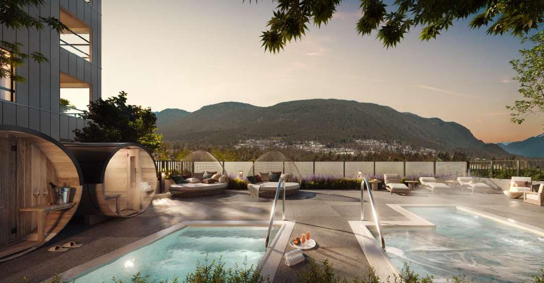 Livy Port Coquitlam outdoor spa with hot and cold plunge pools and mountain views at 2245 McAllister