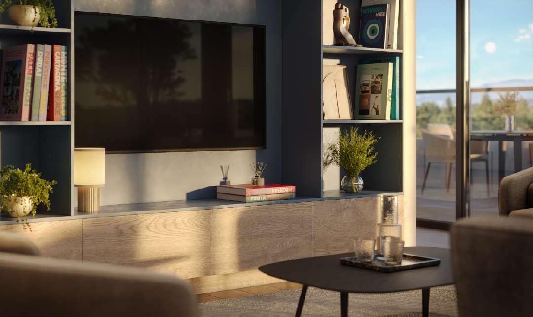 Livy Port Coquitlam built-in living room shelving with TV feature wall at 2245 McAllister Avenue