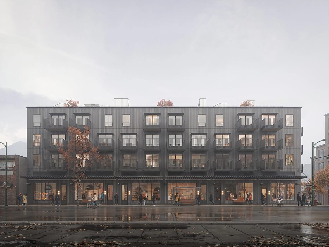 Full exterior view of Hem Vancouver presale development by Hudson at 385 Lakewood Drive in Vancouver East, showing a mid-rise building with balconies, street-level retail, and pedestrian activity