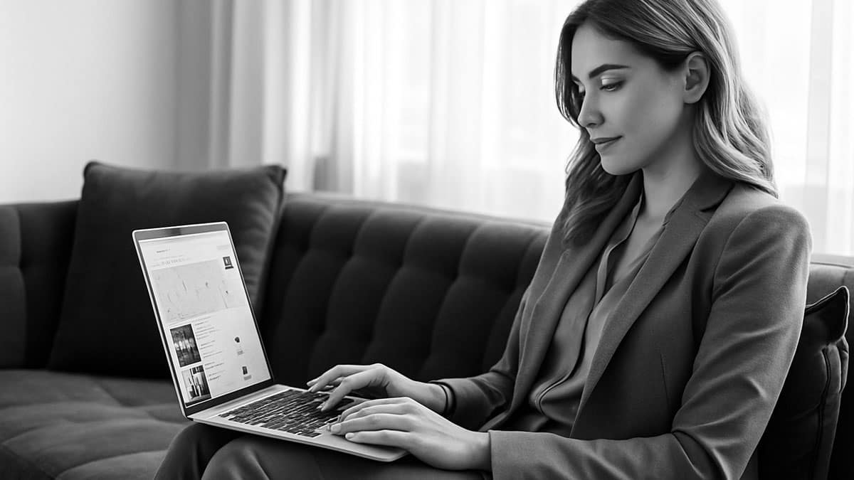 Woman browsing real estate listings on a laptop, illustrating modern home-search behaviour in Vancouver.