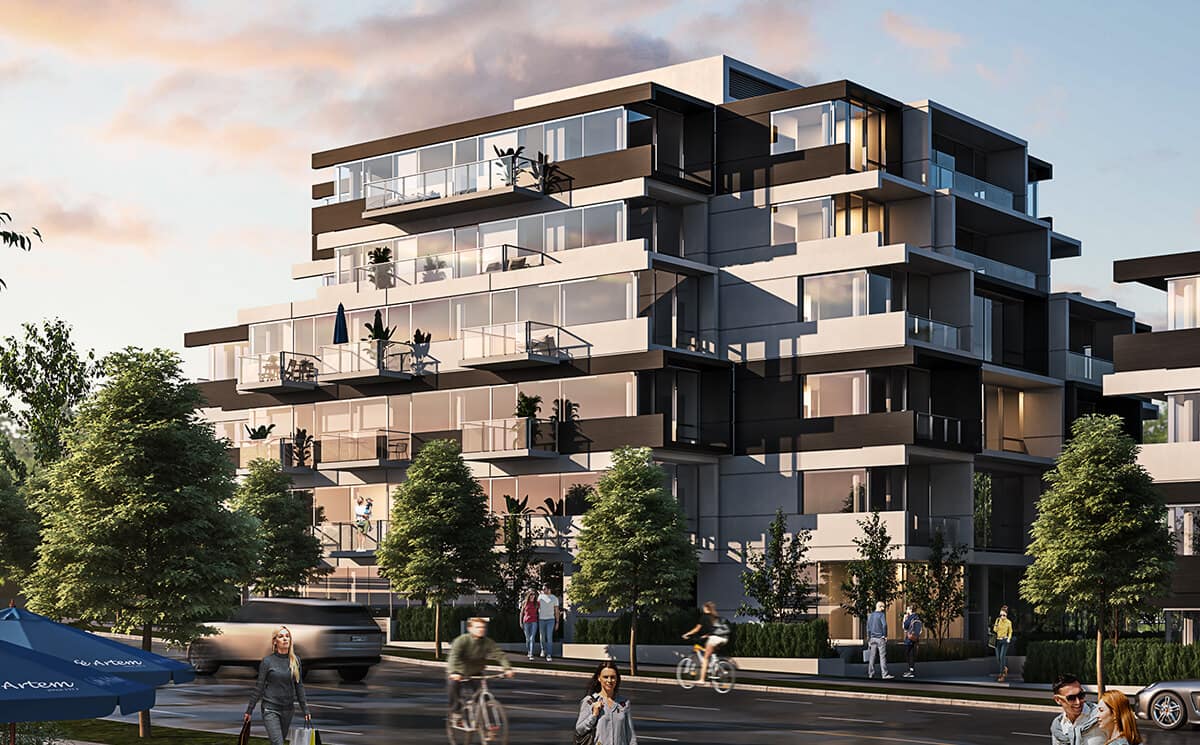 Corner view of Oku Vancouver presale development in Marpole by Ulmus Development at 8030 Oak Street, showing contemporary architecture with expansive balconies, large windows, and evening lighting with street activity.