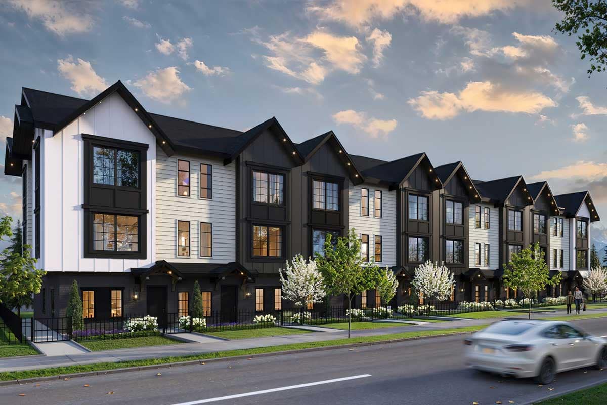 Exterior rendering of Bromley Langley townhomes by Leone Homes featuring contemporary farmhouse architecture, landscaped walkways, black-and-white facades, and tree-lined streets at 20815 45A Avenue in Brookswood Langley.