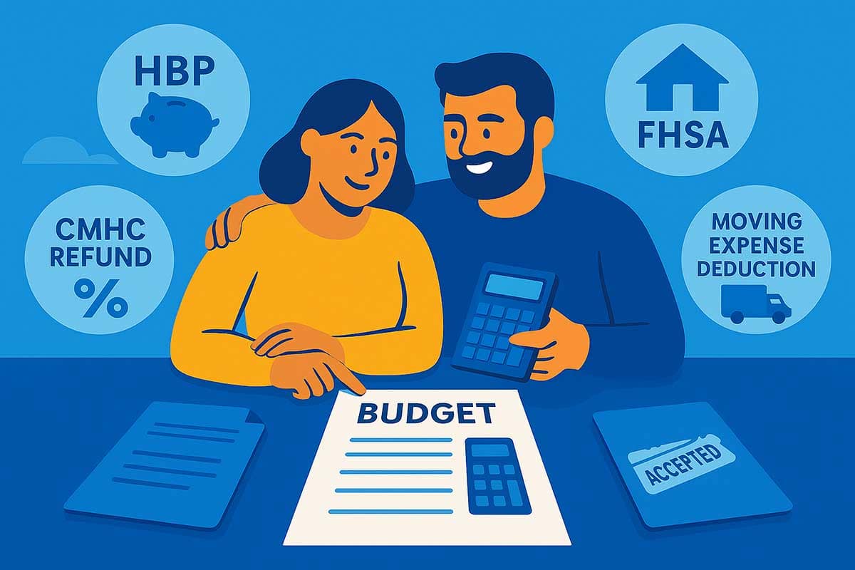 A smiling couple sits at a table working on their home-buying budget with a calculator, surrounded by savings icons labeled HBP, FHSA, CMHC refund, and Moving Expense Deduction.