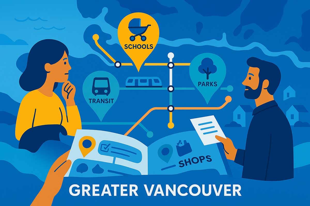 Two buyers study a stylized metro map of Greater Vancouver with location pins labeled “Schools,” “Transit,” “Parks,” and “Shops,” each marked with icons like a stroller, SkyTrain, tree, and shopping bag.
