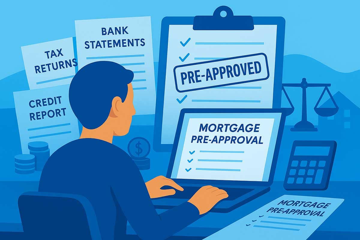 A buyer sits at a desk completing a digital mortgage pre-approval form on a laptop, surrounded by labeled documents like tax returns, bank statements, and credit reports, with a bold “Pre-Approved” checklist displayed behind them.