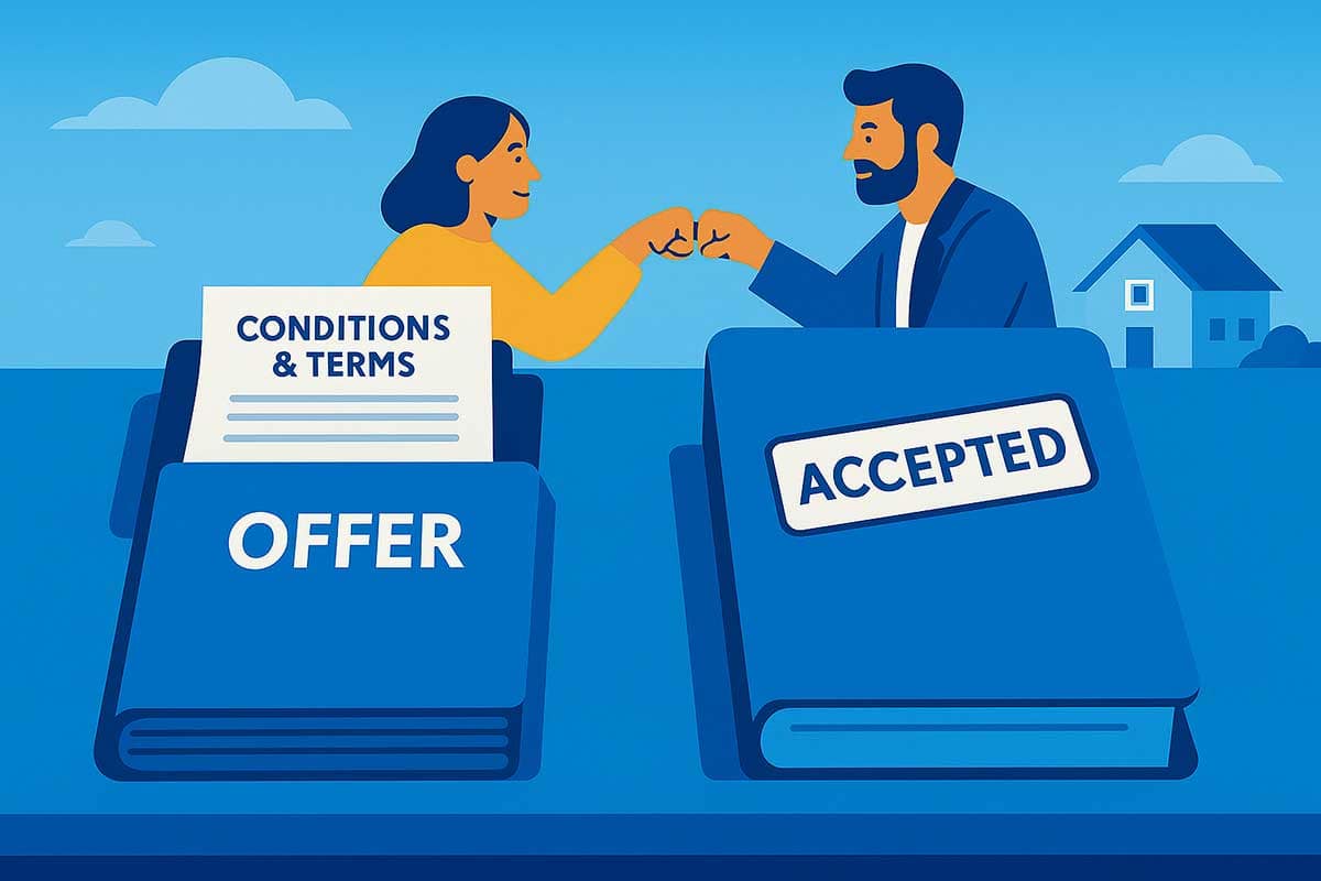 Two offer folders rest on a negotiation table - one labeled “OFFER” with visible documents marked “Conditions & Terms,” and the other labeled “ACCEPTED.” In the background, a buyer and their real estate agent share a celebratory fist bump.