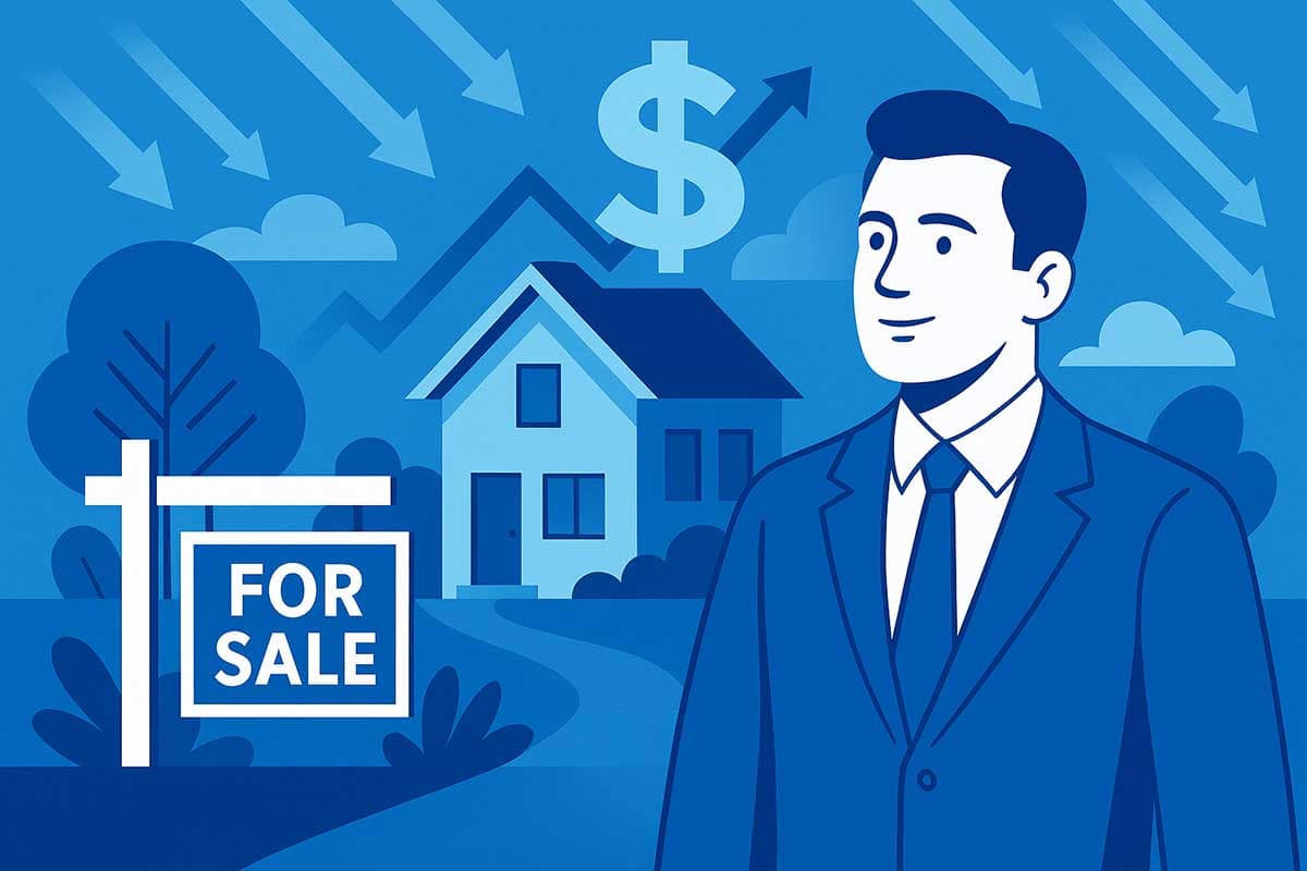 Illustration showing key strategies to sell a house in a slow market, including pricing, staging, marketing, and incentives.