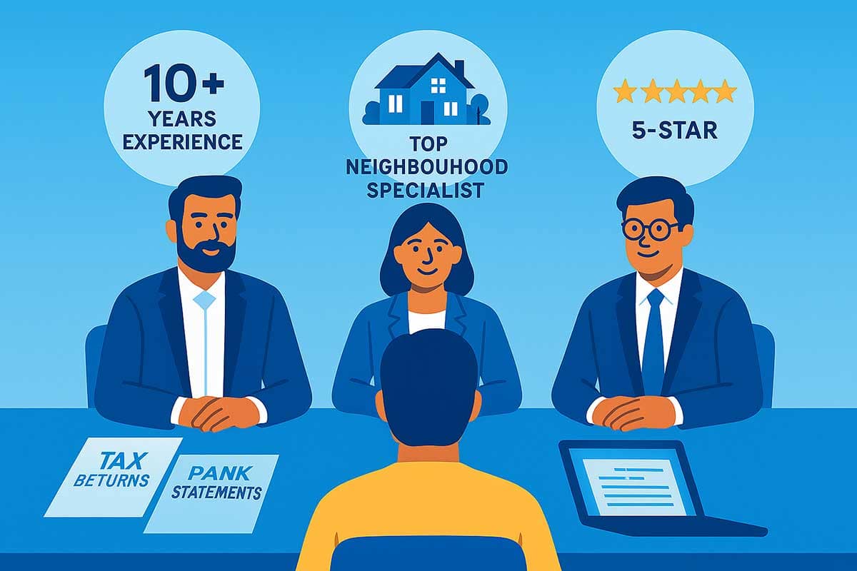 A homebuyer sits across from three real estate agents, each with qualification icons above their heads: “10+ Years Experience,” “Top Neighbourhood Specialist,” and “5-Star Reviews.”