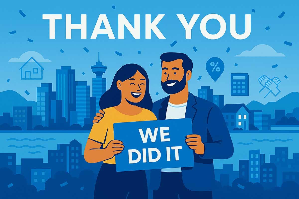 A smiling couple stands in front of a blue Vancouver skyline holding a bold sign that reads “WE DID IT,” under large “THANK YOU” text and surrounded by confetti and financial icons.
