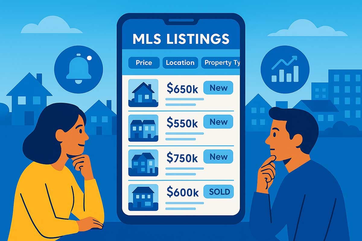 A large smartphone displays real-time MLS listings with filters for price, location, and property type, while two buyers examine the screen surrounded by notification and market trend icons.