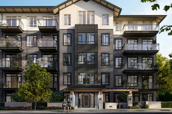 Exterior architectural rendering of Trailside at Lynn, a presale condo development by Mosaic at 2380 Emery Court in North Vancouver, featuring contemporary West Coast design, private balconies, landscaped entryways, and modern residential living in Lynn Valley.