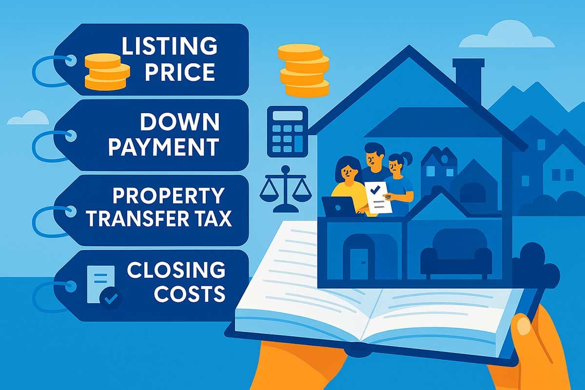 A cross-section of a house is shown next to five price tags labeled “Listing Price,” “Down Payment,” “Property Transfer Tax,” “Closing Costs,” and “GST,” with financial icons like coins, calculator, and legal scales nearby.