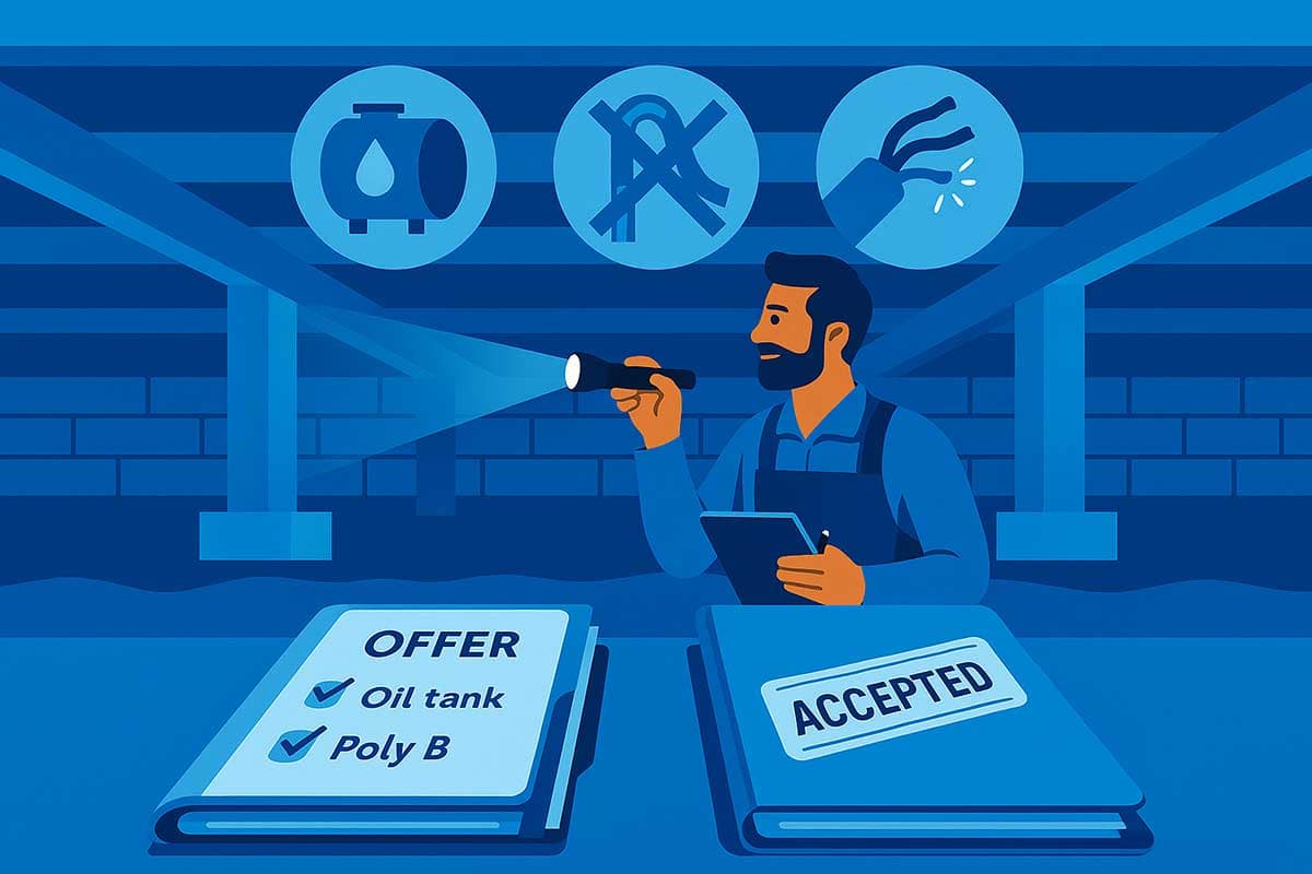 A home inspector in blue coveralls examines a crawlspace with a flashlight and tablet, while overhead icons highlight red flags: an oil tank, Poly B plumbing, and exposed wiring.