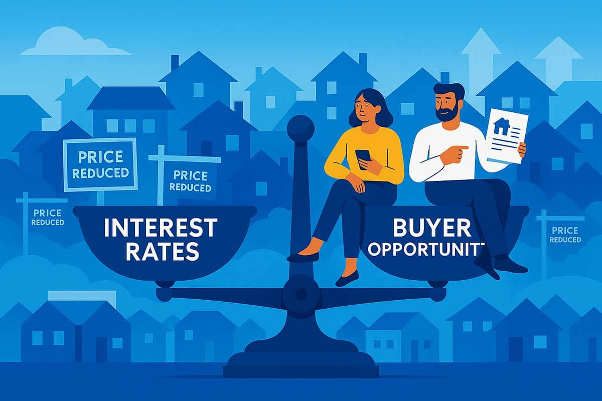 A blue-scale balance tips toward "Buyer Opportunity" with two relaxed buyers seated beside it, while “Interest Rates” and multiple “Price Reduced” signs appear on the other side against a suburban home backdrop.