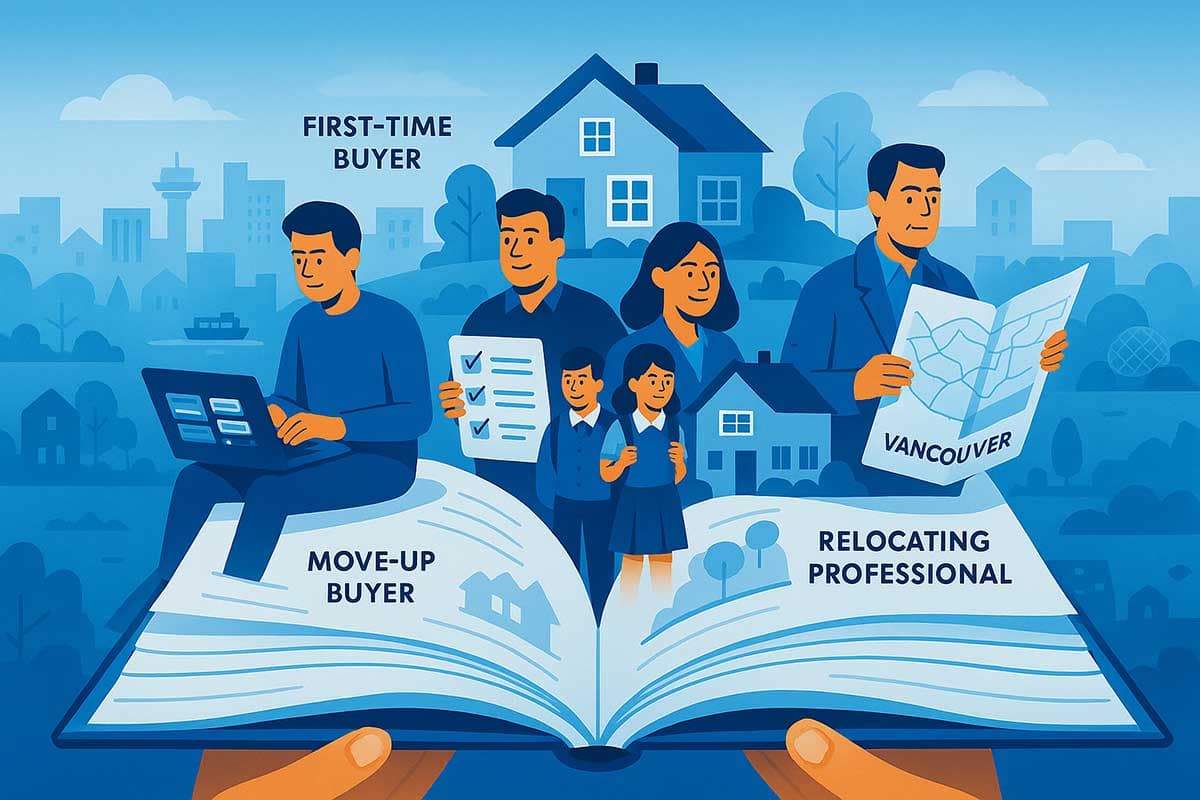 An open real estate guidebook reveals three distinct buyer personas - first-time buyer, move-up family, and relocating professional - each rising from the pages and interacting with the home search process.