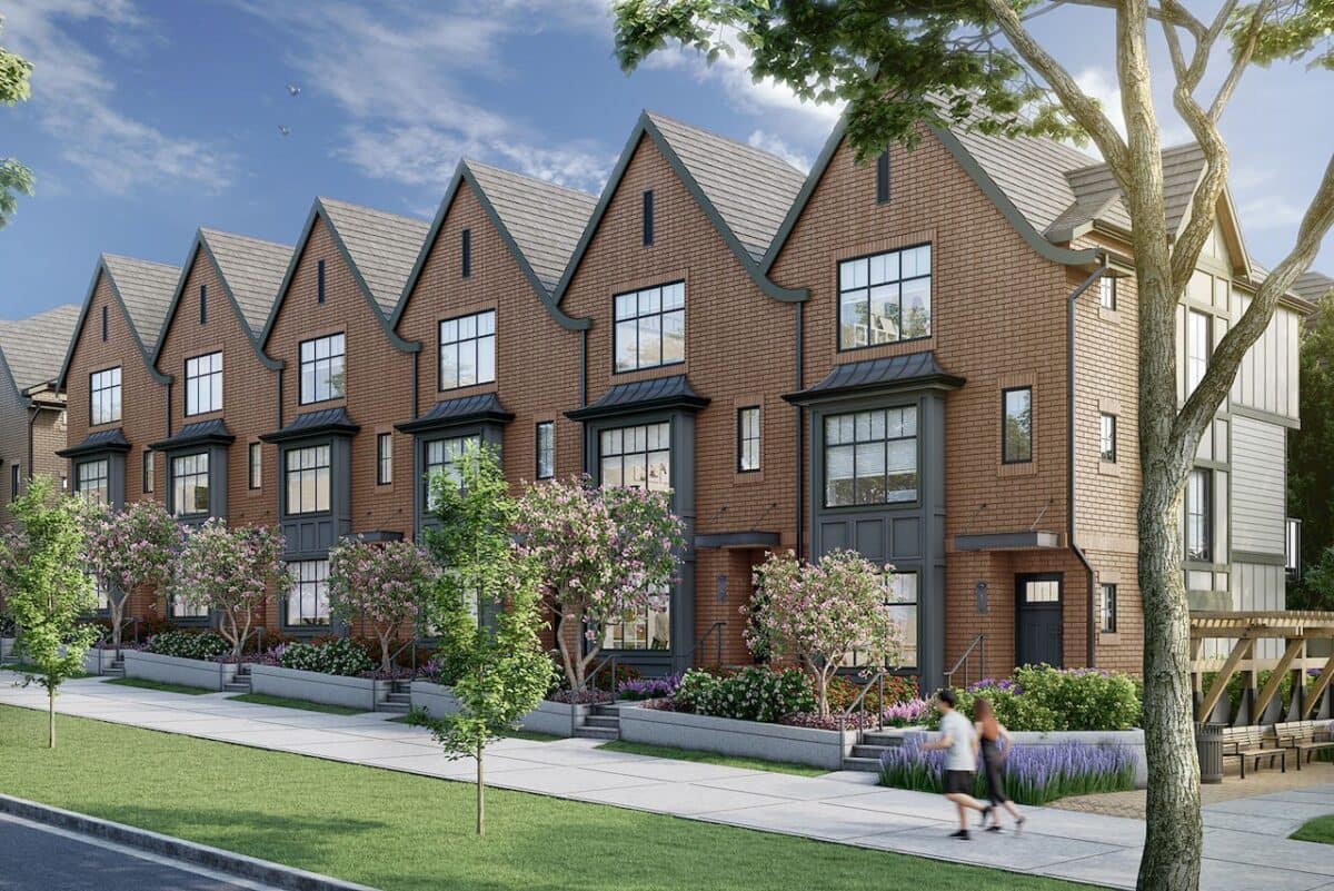 Brick townhomes exterior at The Loop South Surrey in Grandview