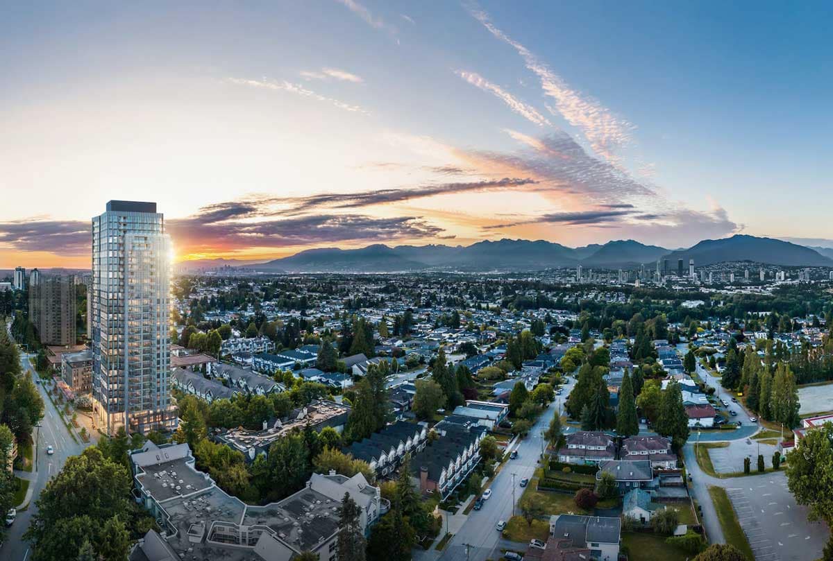 Aerial view of Artesia Metrotown Burnaby at 5685 Halley Avenue with city and mountain backdrop.