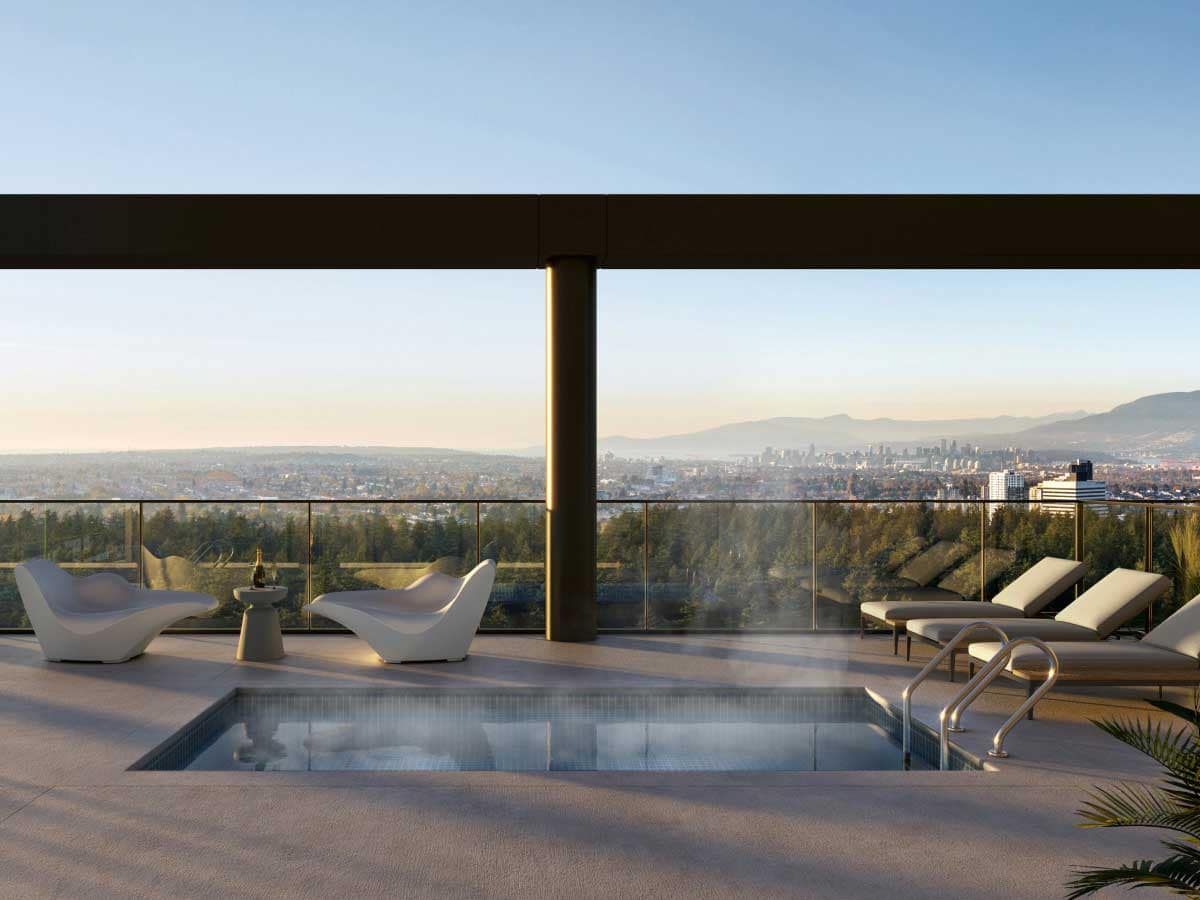Luxury rooftop pool and lounge area overlooking Burnaby and Metro Vancouver with panoramic skyline and mountain views, highlighting Burnaby presale condos and Burnaby new construction homes for sale.