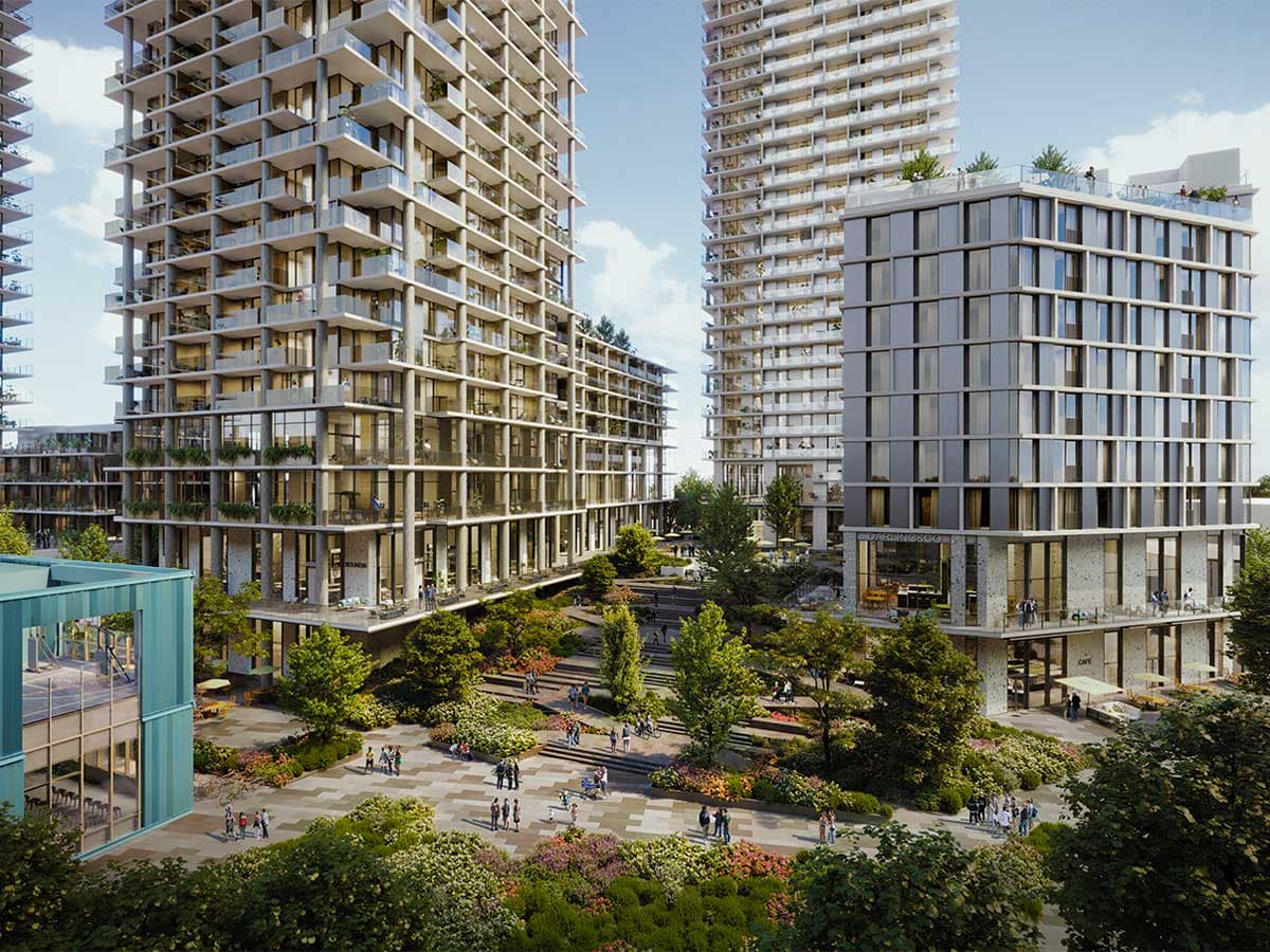 Contemporary Burnaby condo towers surrounding a landscaped pedestrian plaza with retail and public gathering areas, representing Burnaby presale condos and Burnaby new construction homes for sale.