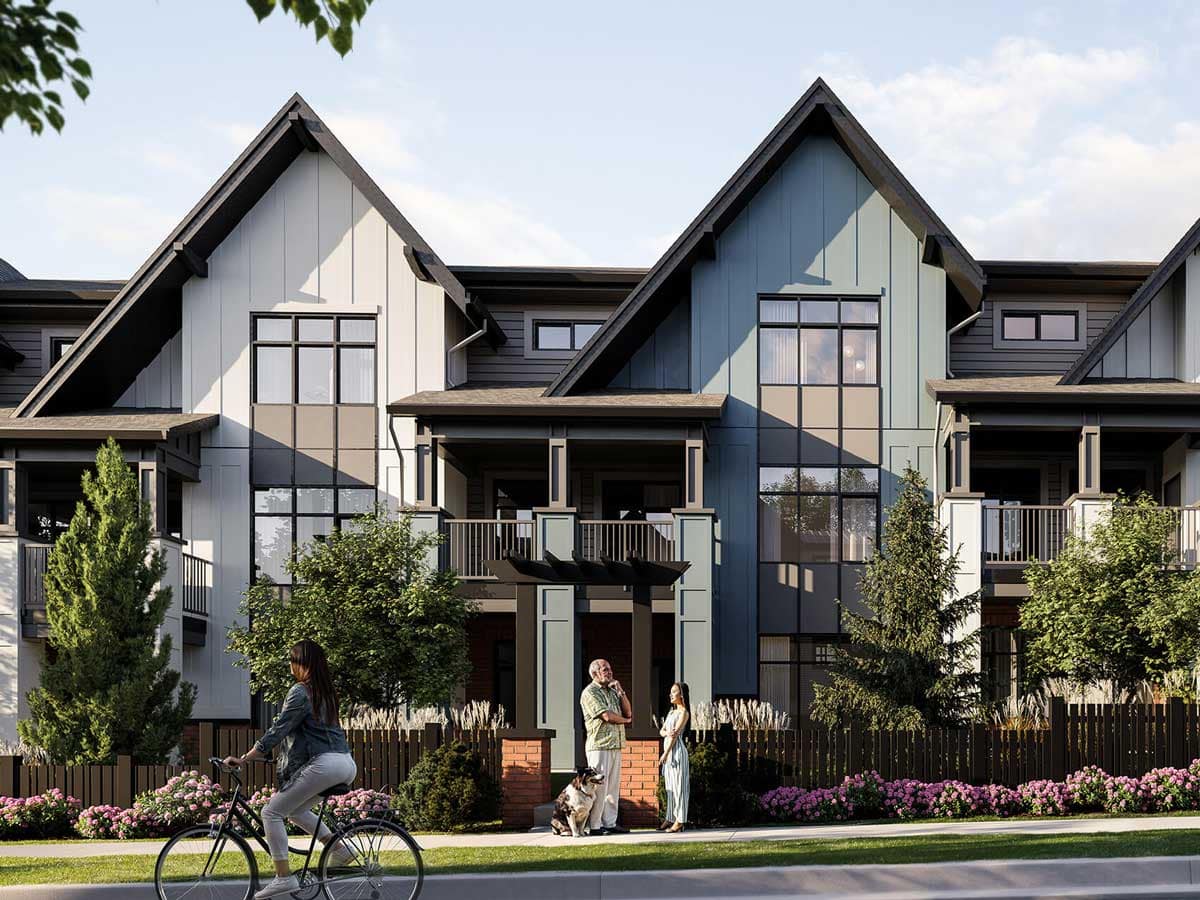 Modern townhomes in Coquitlam new homes community with landscaped front yards, pedestrian-friendly streets, and family-oriented design.