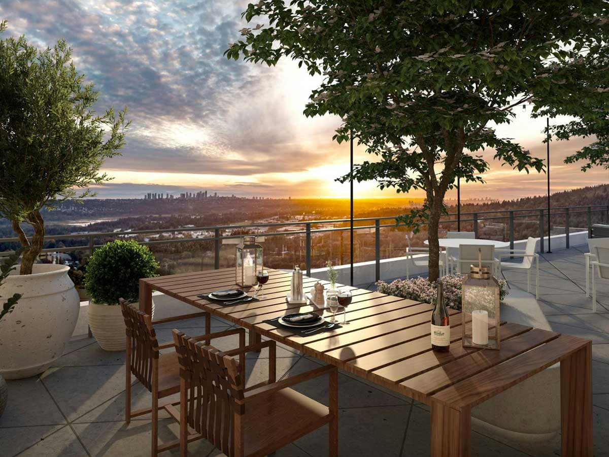 Rooftop terrace in Coquitlam presale condos with outdoor seating, dining areas, and city views, showcasing lifestyle amenities in new homes.