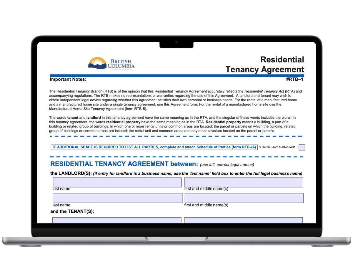BC Residential Tenancy Agreement displayed on a laptop for a free online rental application form