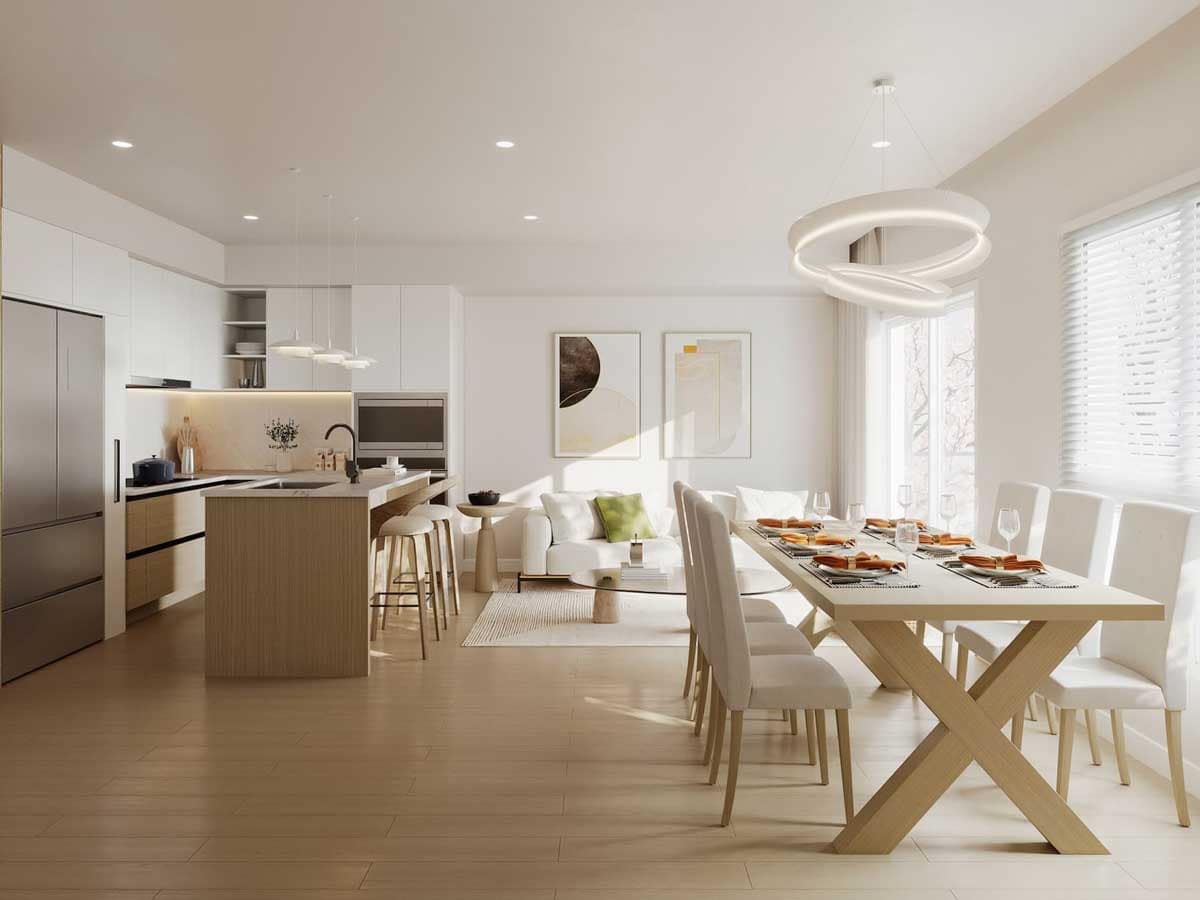 Open-concept dining and kitchen space at Kamilia Langley in Downtown Langley.
