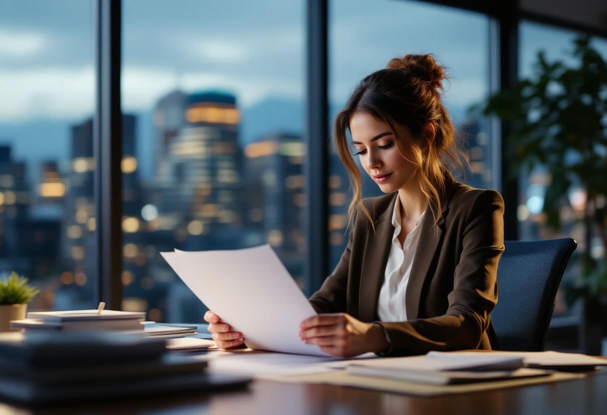 Accountant reviewing a property contract in a high-rise office at dusk.
