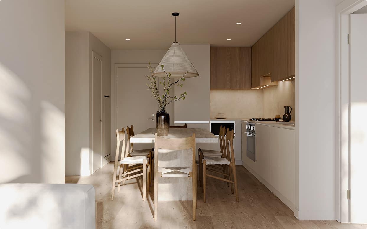 Bright open-concept kitchen and dining interior at Soenhause Coquitlam