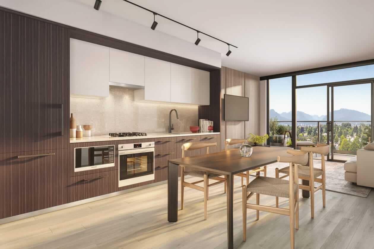 Bright kitchen and dining space at Frame Vancouver with large windows, natural light, and mountain views from 5189 Earles Street in Collingwood.