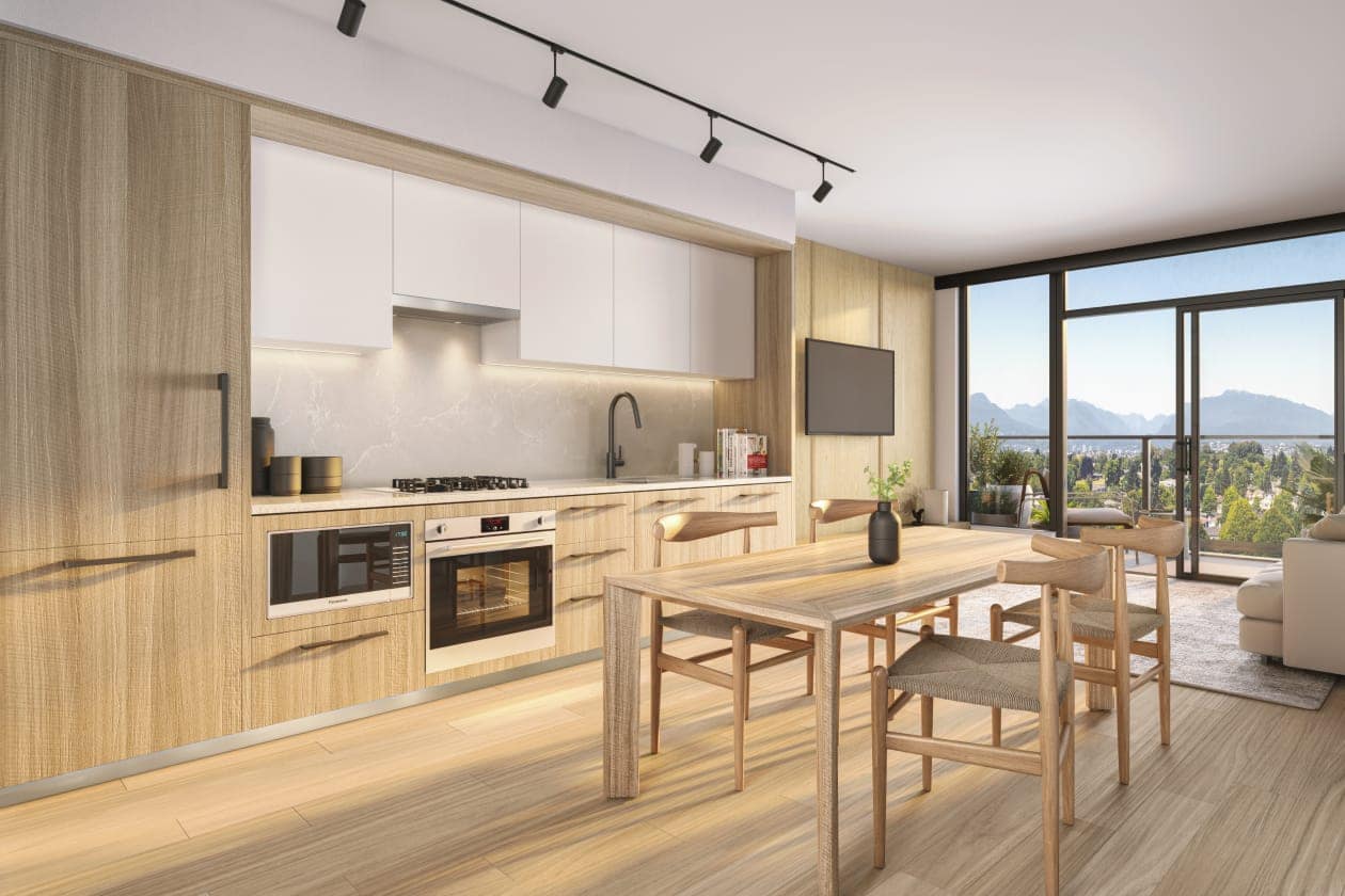 Living room at Frame Vancouver featuring built-in shelving, wall-mounted TV, wood accents, and large windows overlooking Collingwood neighbourhood near 5189 Earles Street.