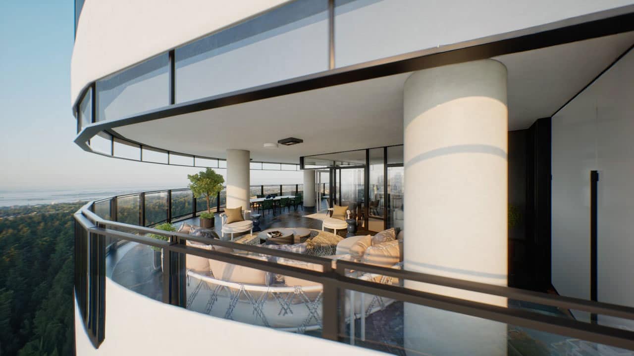 Curved balcony at Greenhouse Metrotown with spacious outdoor living area.
