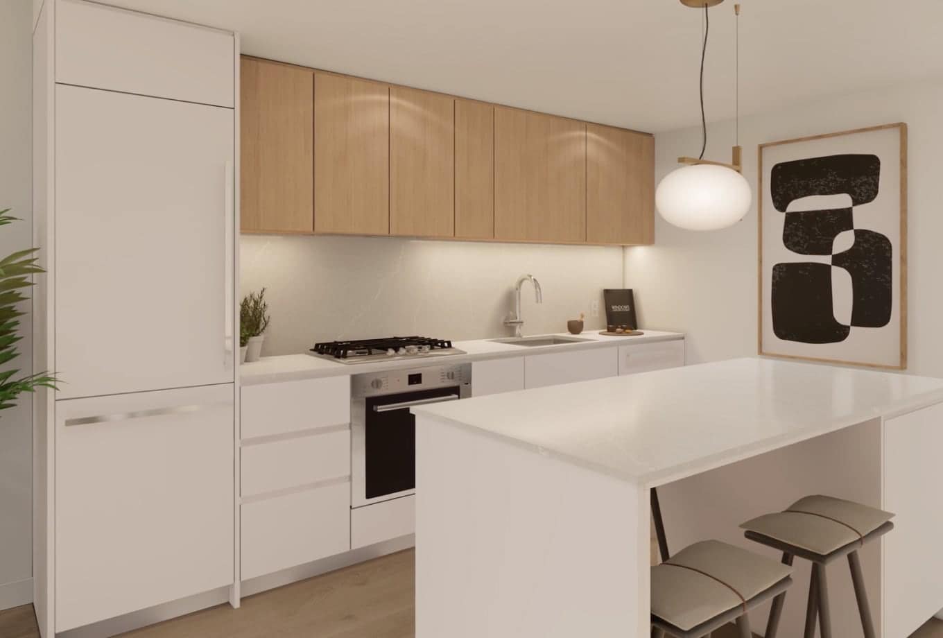 Contemporary kitchen at Gardena Coquitlam by Intracorp at 635 Gardena Drive, showcasing sleek cabinetry, quartz countertops, integrated appliances, under-cabinet lighting, and a functional island designed for modern living in Burquitlam.