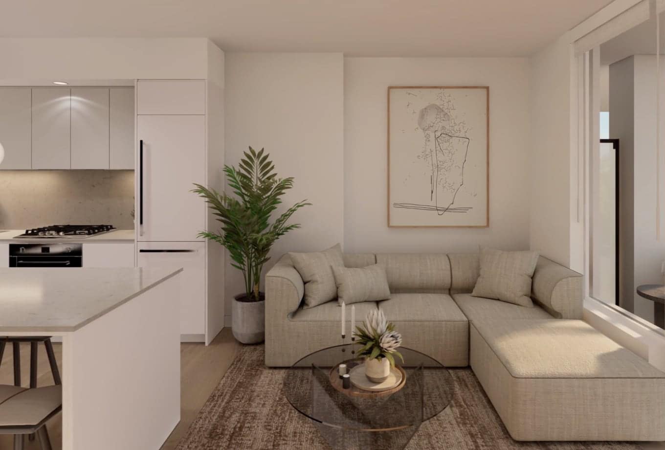 Open concept living area at Gardena Coquitlam by Intracorp located at 635 Gardena Drive in Burquitlam, featuring a modern kitchen with integrated appliances, quartz countertops, and a comfortable living room layout with neutral tones and contemporary finishes.
