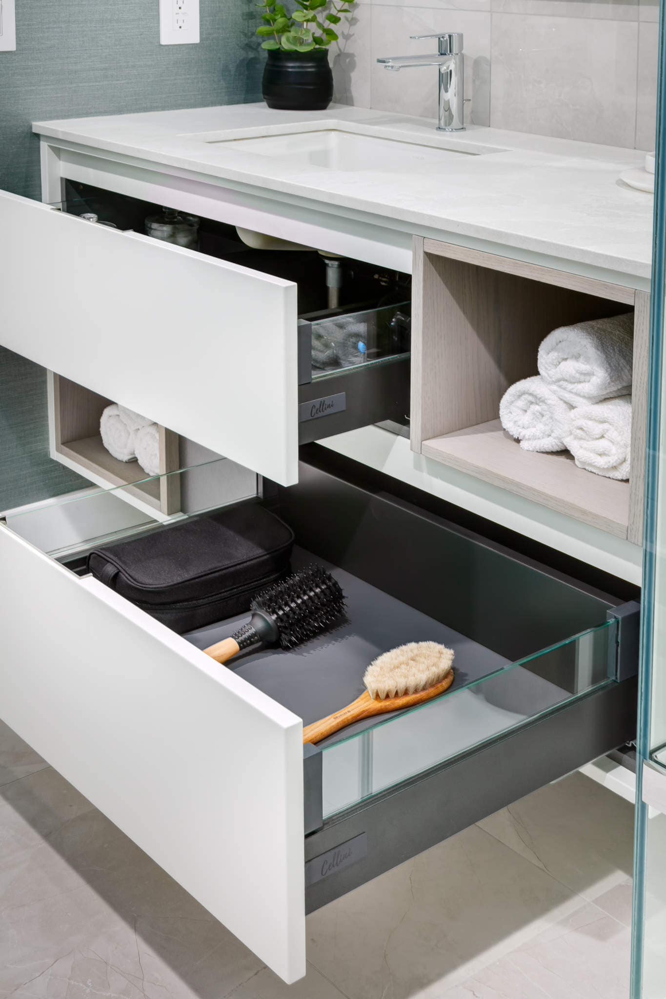 Bathroom vanity with organized storage drawers at Artesia Burnaby condos