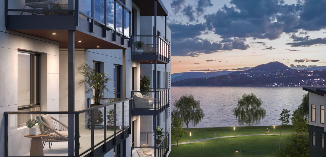 Balcony at Alma Kelowna overlooking Okanagan Lake and Pandosy Waterfront Park.