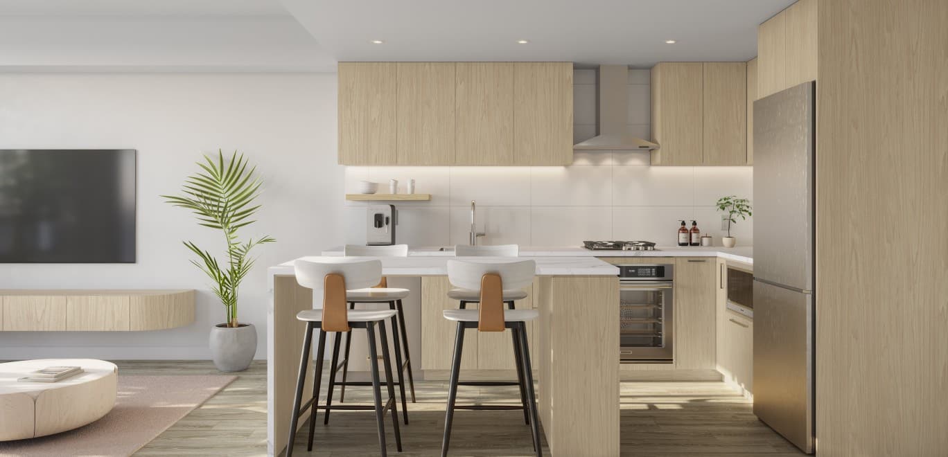 Dawn colour scheme kitchen at Alma Kelowna with light cabinetry and integrated appliances.