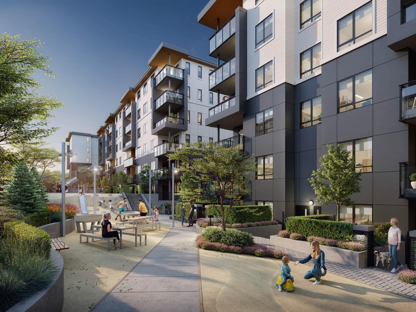 Outdoor courtyard amenities at Jericho Park Langley by Essence Properties featuring landscaped seating areas, childrenโs play spaces, walkways, and residential buildings at 19925 78B Avenue.