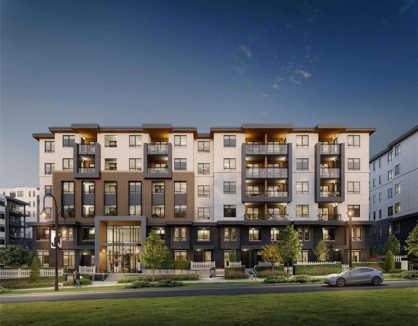 Front exterior rendering of Jericho Park Langley by Essence Properties featuring contemporary low-rise condos with balconies, landscaped pathways, and modern architecture at 19925 78B Avenue.
