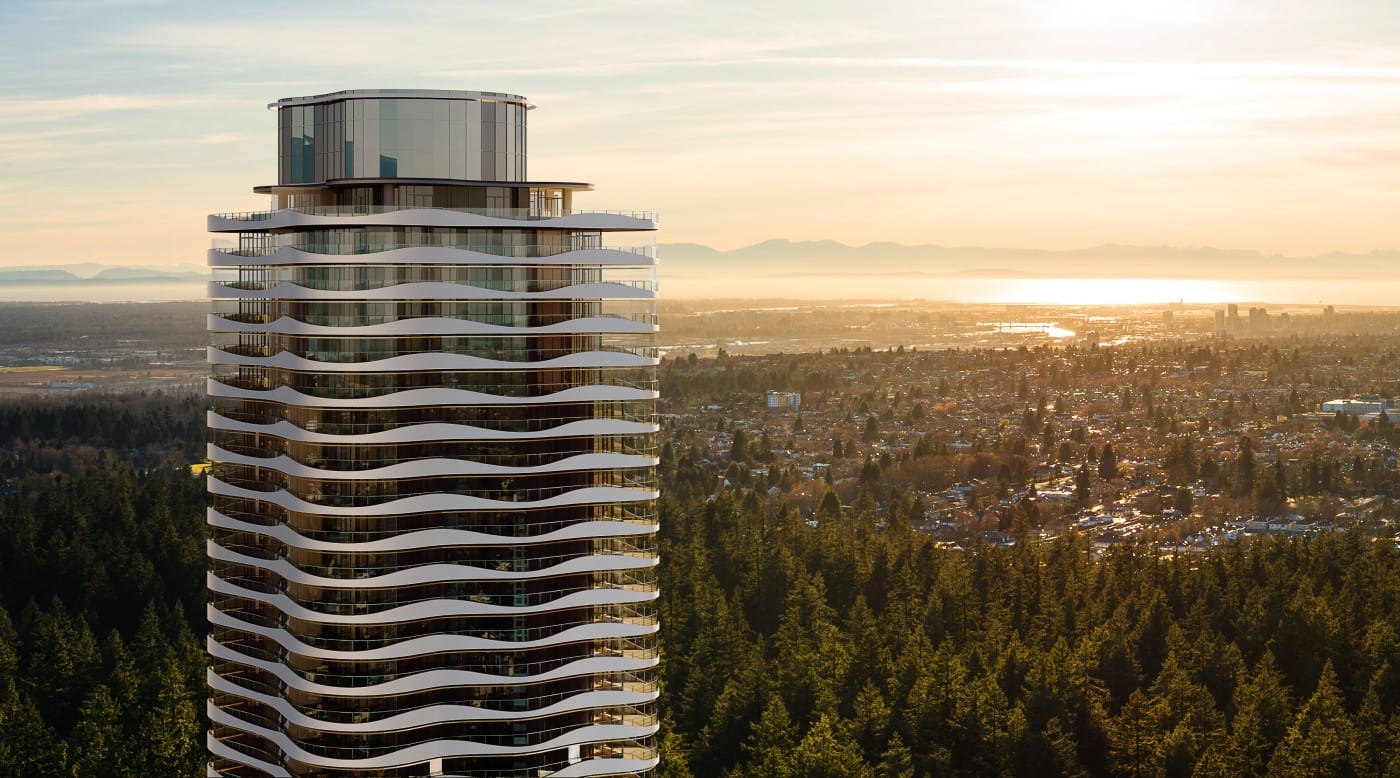 Greenhouse Metrotown tower by Concord Pacific overlooking Burnaby at sunset.