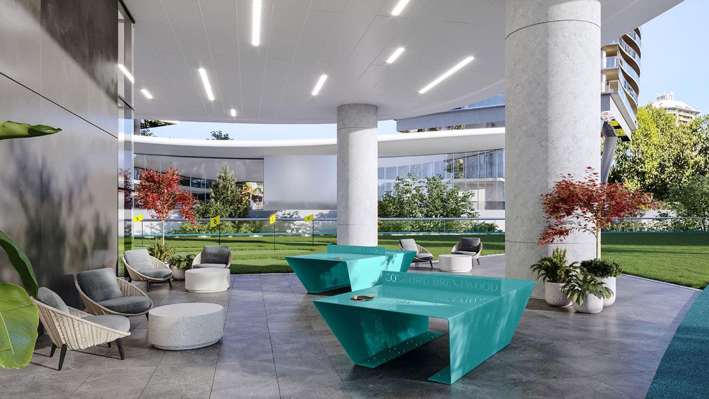 Outdoor lounge and recreation area at Circle Brentwood in Burnaby