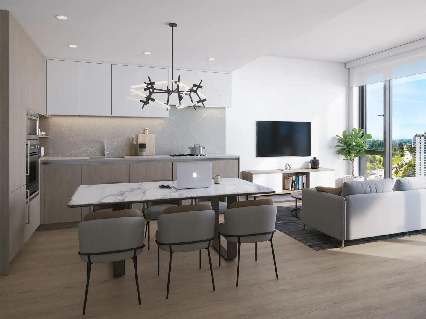 Open kitchen and dining area with marble table and modern lighting at Artesia Burnaby condo