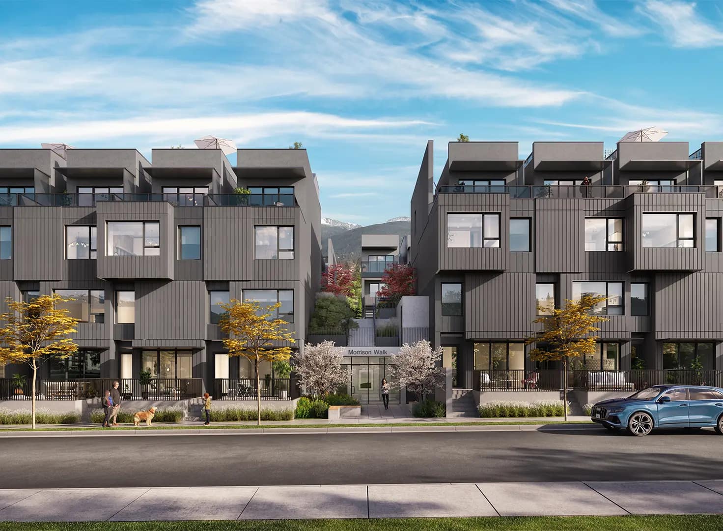 Exterior rendering of Morrison Walk North Vancouver by CREO Developments at 602 2nd Street East, featuring modern townhome architecture, landscaped pathways, and mountain views in Lower Lonsdale.