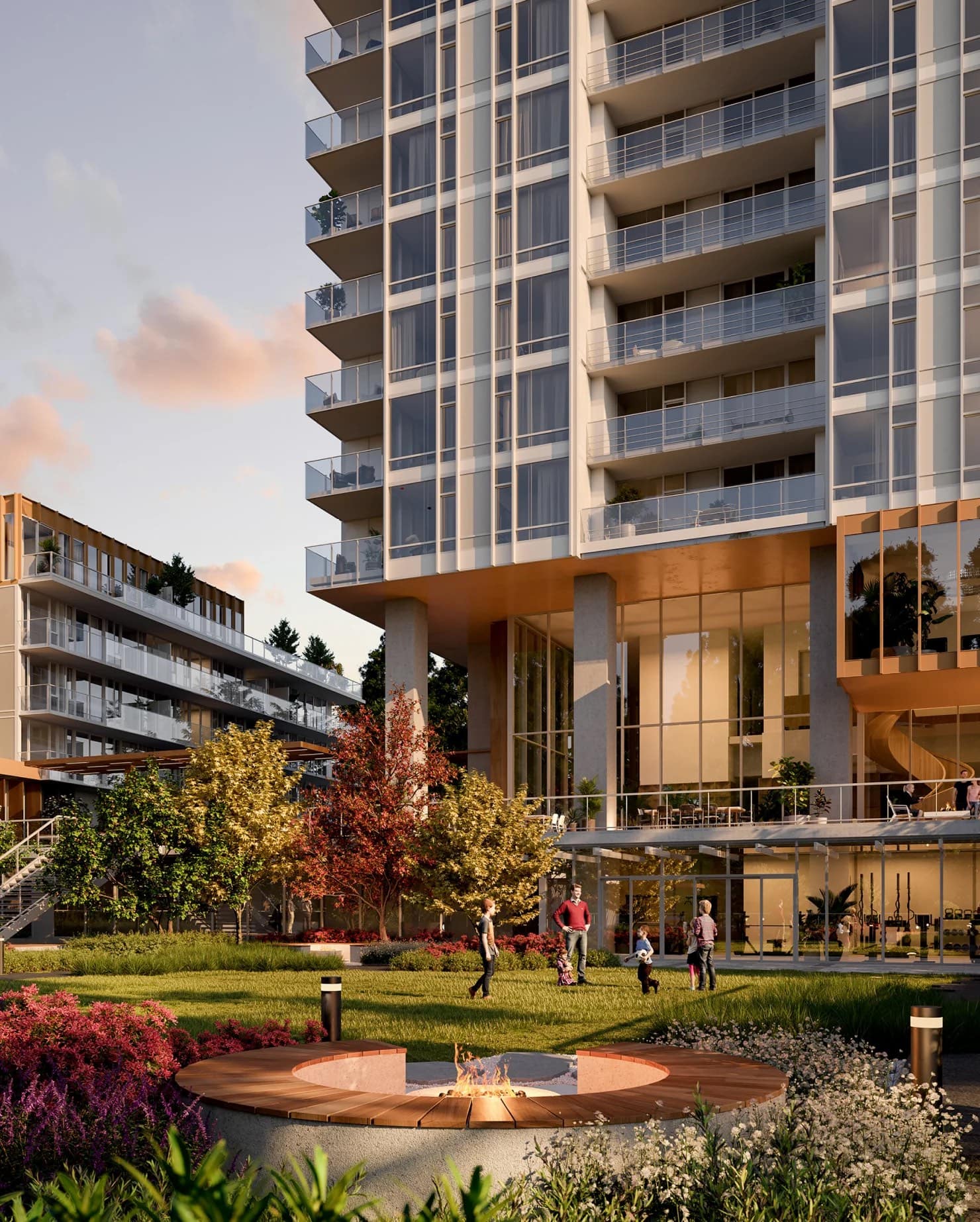 Ironwood Coquitlam landscaped courtyard with fire pit and modern architecture by Qualex Landmark
