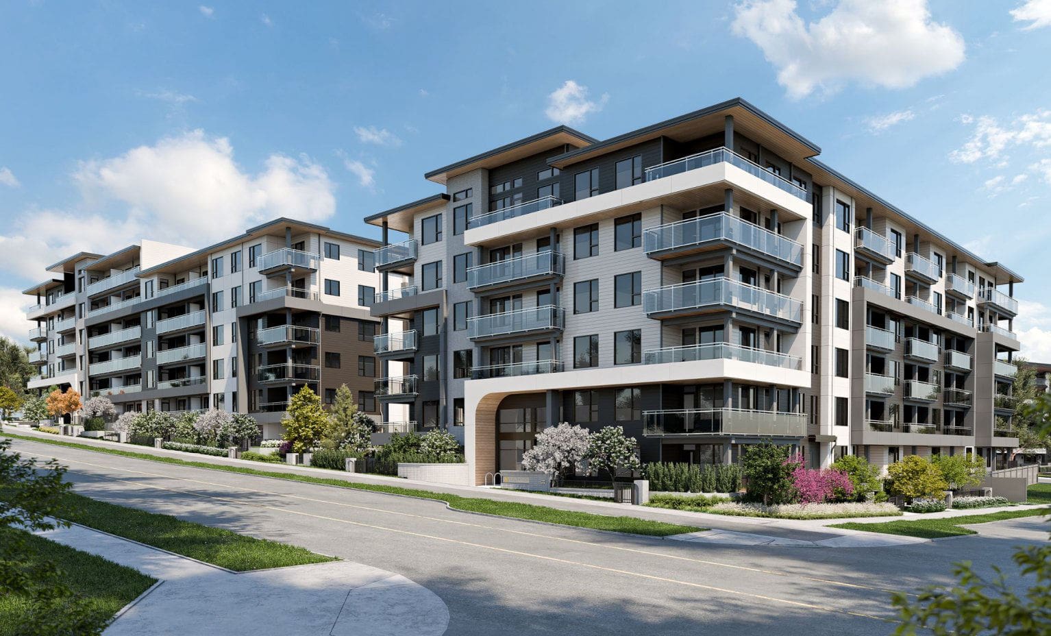 Street-level exterior rendering of Goldfinch presale development by Polygon at 628 Smith Avenue in Coquitlam West, showcasing modern low-rise architecture, glass balconies, landscaped sidewalks, and a quiet residential streetscape.