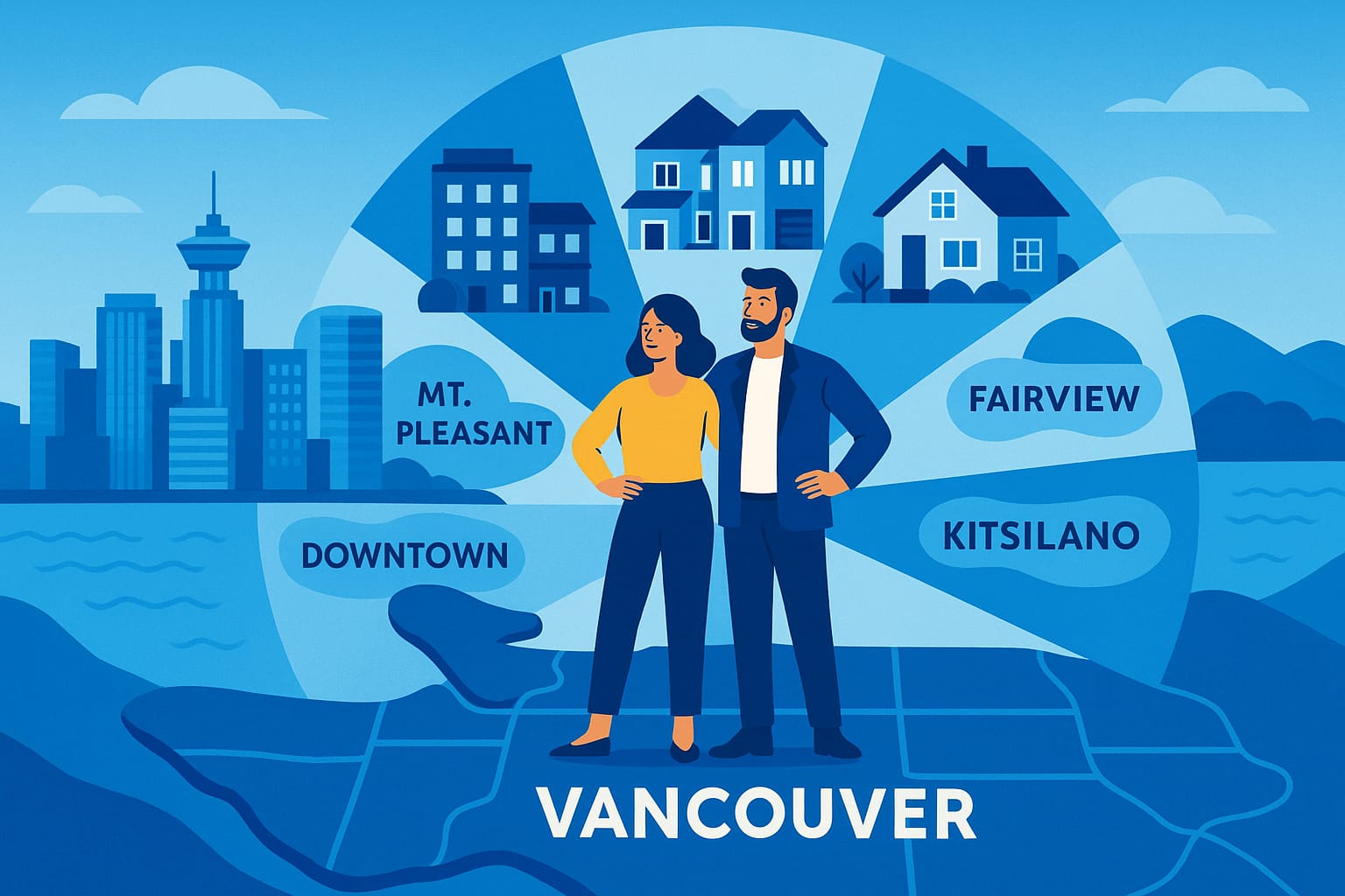 A confident couple stands on a stylized map labeled "Vancouver," surrounded by a wheel of key neighbourhoods and home types. The Vancouver skyline and North Shore mountains form the backdrop.