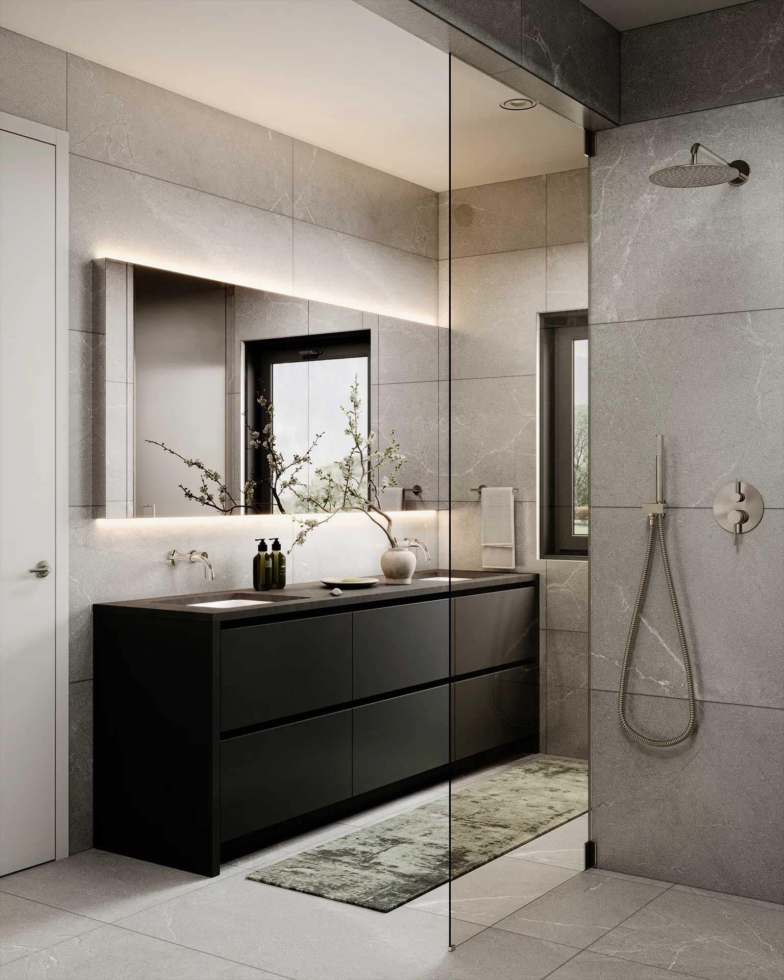 Ensuite bathroom at Ansoku Vancouver with double vanity, large illuminated mirror, glass shower enclosure, and contemporary finishes by Lightwell Homes at 5032 Granville Street.