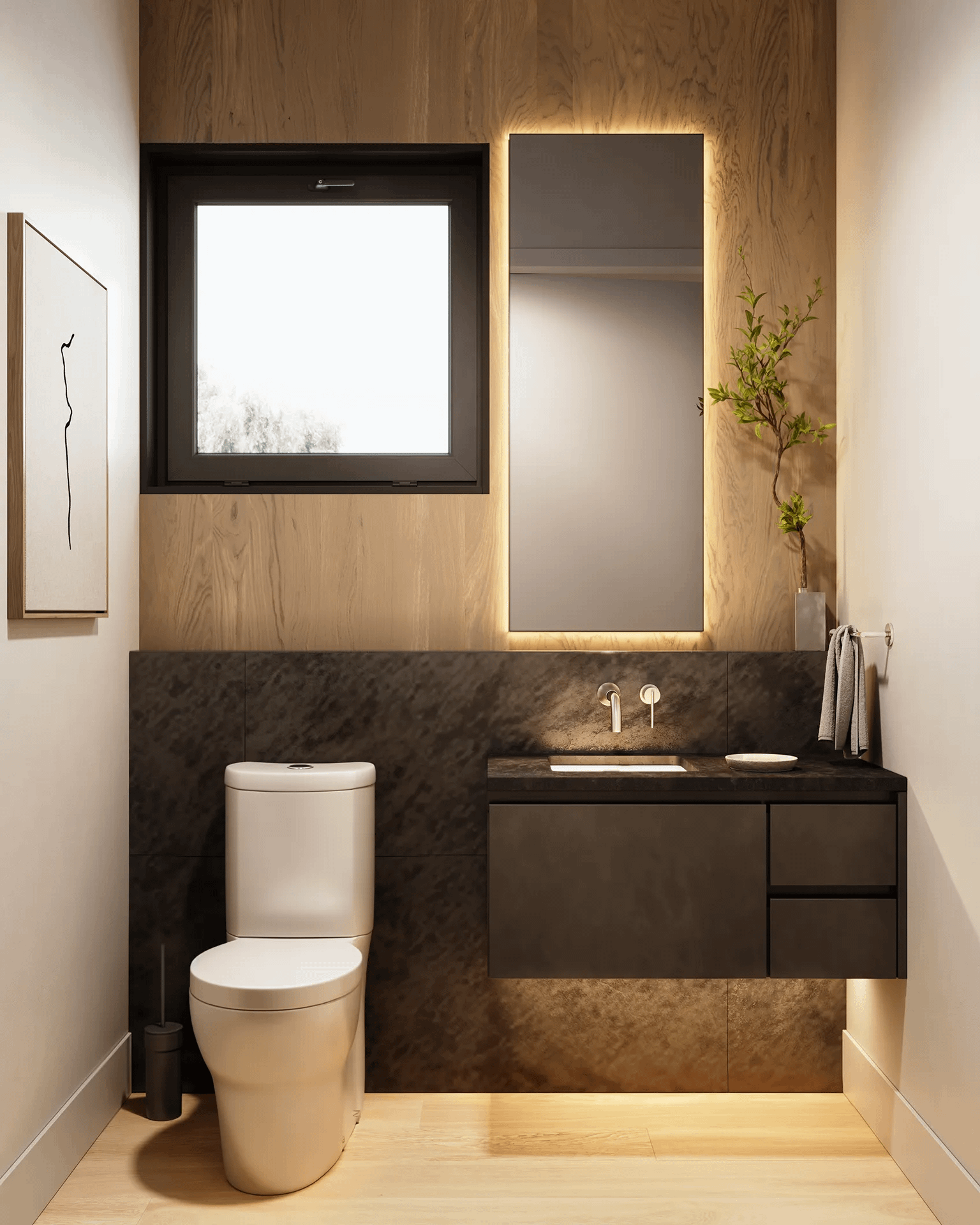 Modern powder room at Ansoku Vancouver with floating vanity, illuminated mirror, wood accents, and contemporary fixtures by Lightwell Homes at 5032 Granville Street.